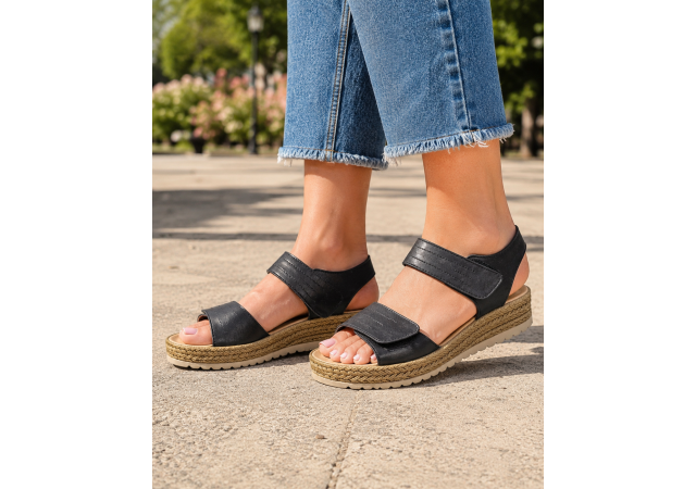 Sandale dama negre din piele naturala cu talpa confort si inchidere velcro dubla CP12N